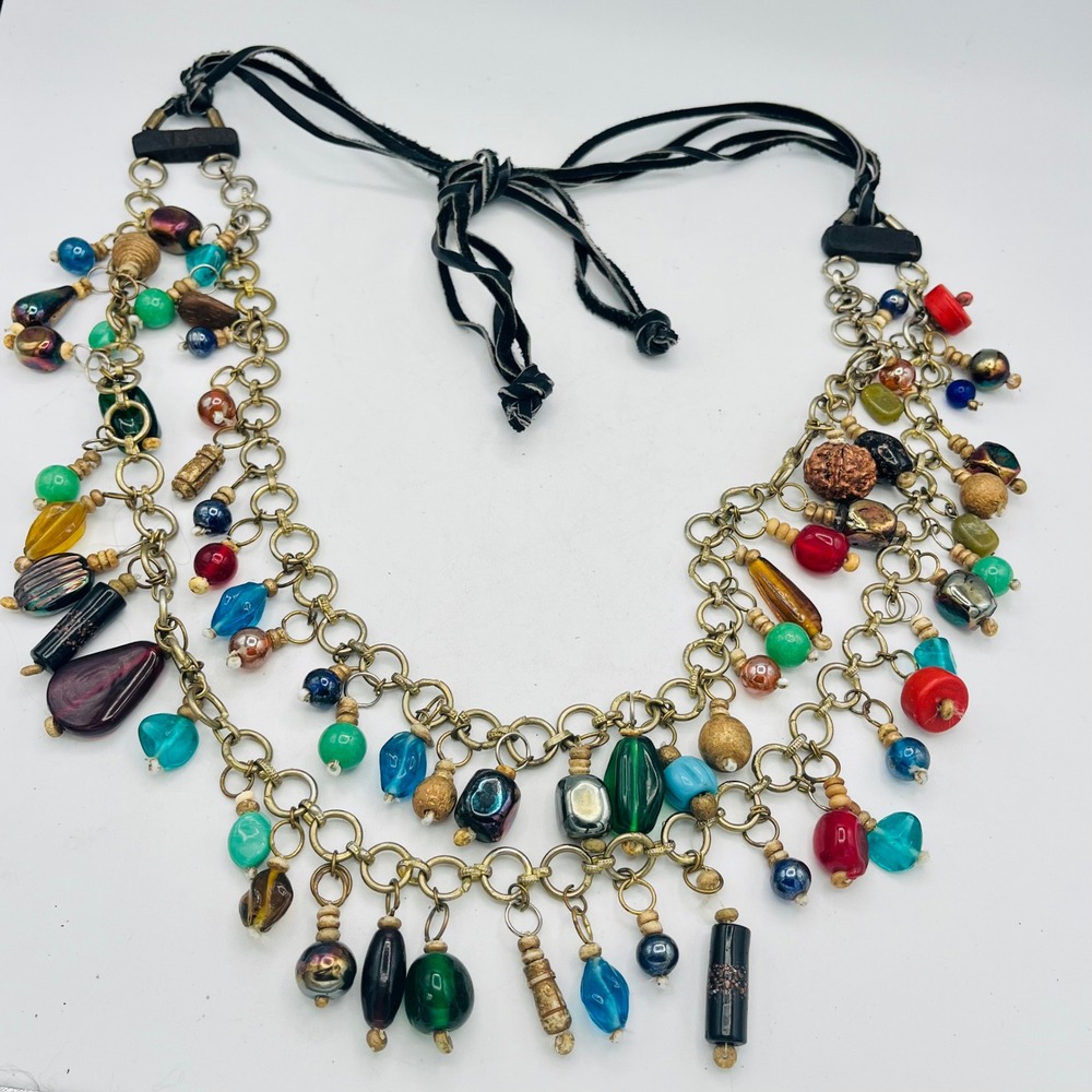 Boho Multi Color Glass Bead Bib Gold Tone Chain Belt Leather Tie Statement